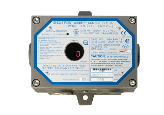 IR4000S LED display and user interface is used with the IR400 Gas Detector. The IR4000S Single-Point Monitor is a display and user interface for the IR400 point IR gas detector. The monitor allows local calibration and displays gas concentration. Relays are optional. The relays provide output for Alarm, Warn, and Fault conditions.